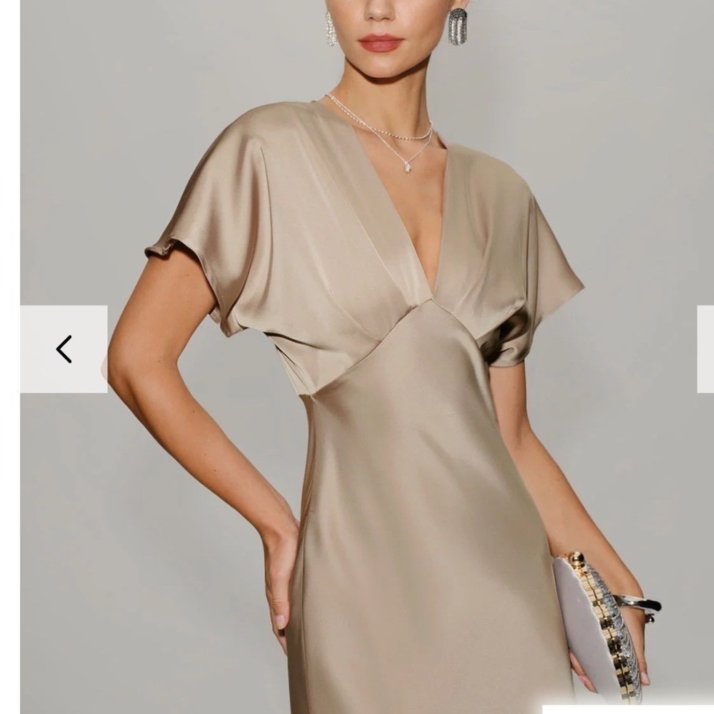 RIHOAS Womens Apricot Satin V Neck A-Line Midi Dress Apricot Relax Fit XS - Picture 2 of 16